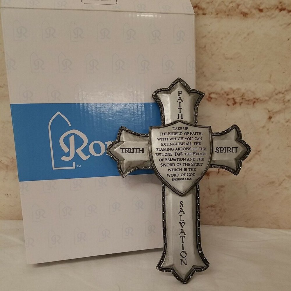 New Roman Armor of God Silver Wall Cross Christian Art in Box Home Decor Gift